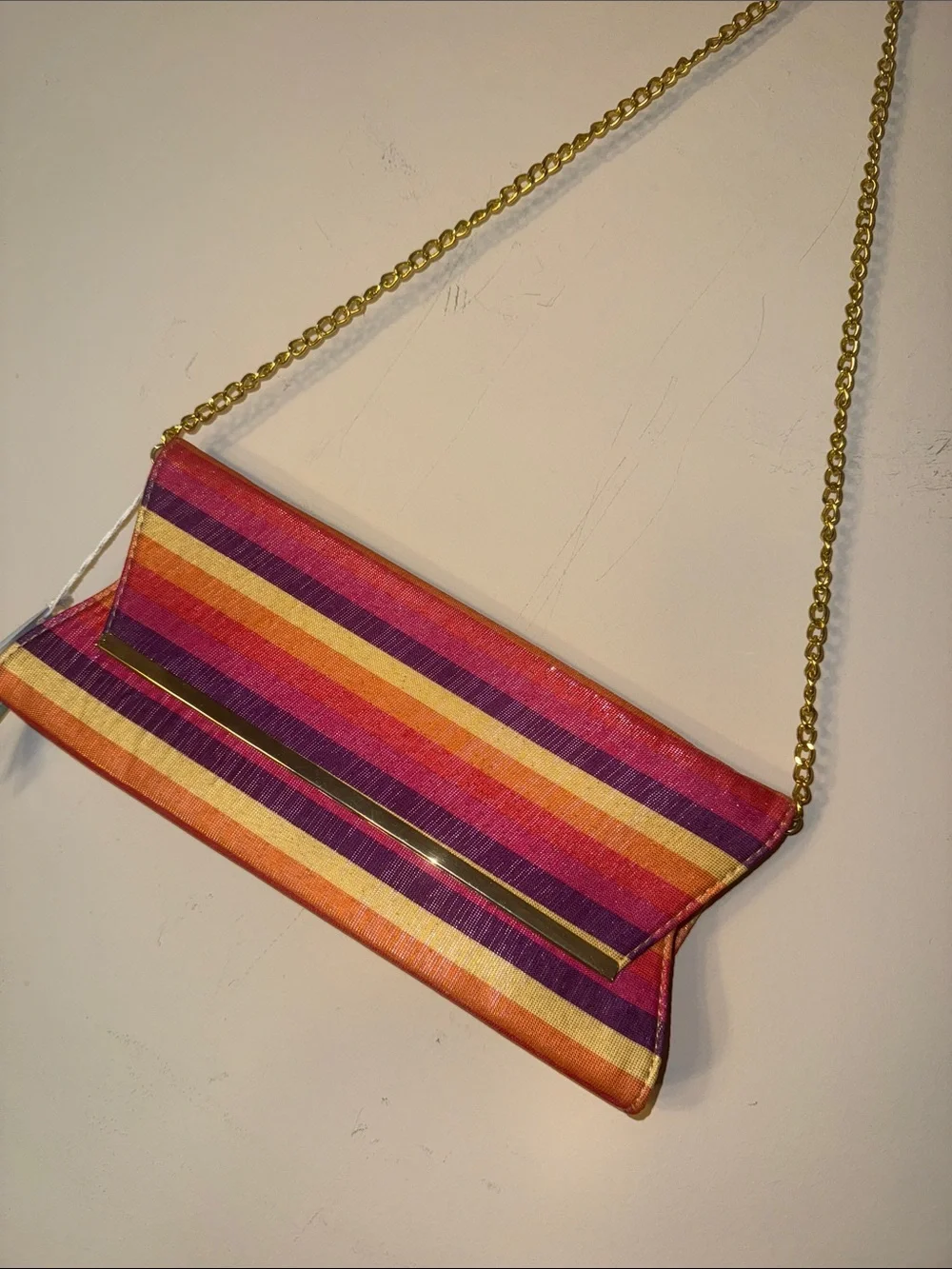 Striped Pink & Orange Chain-Handle Shoulder Clutch